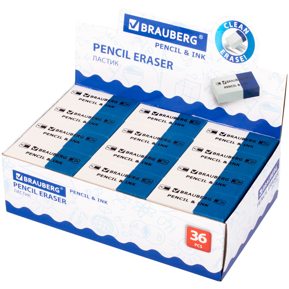 Ластик PENCIL & INK 39*18*12мм, для ручки и карандаша, бело-синий 229578 BRAUBERG .