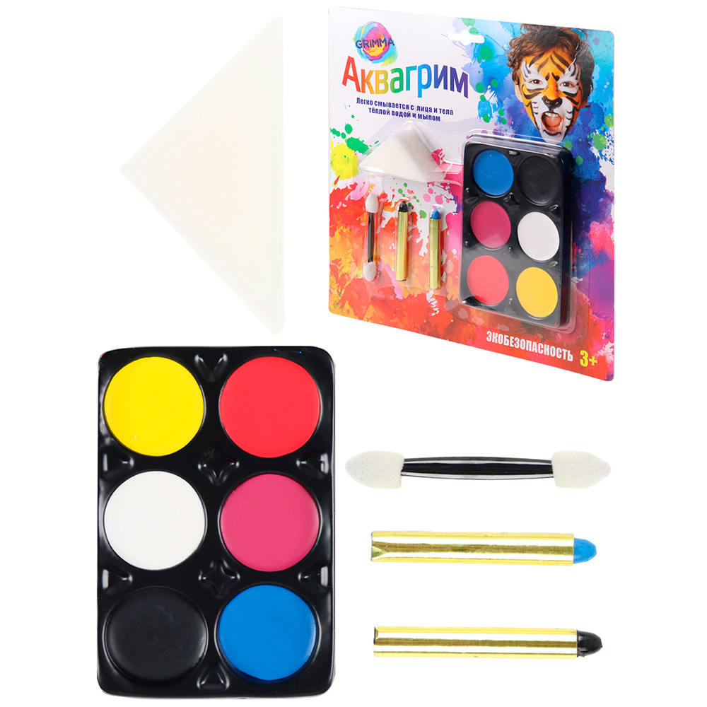 Набор ДТ Аквагрим для детей-6 цветов,карандаш (черный,голубой-2шт),спонж 1шт, аппл 1шт КС-3595.