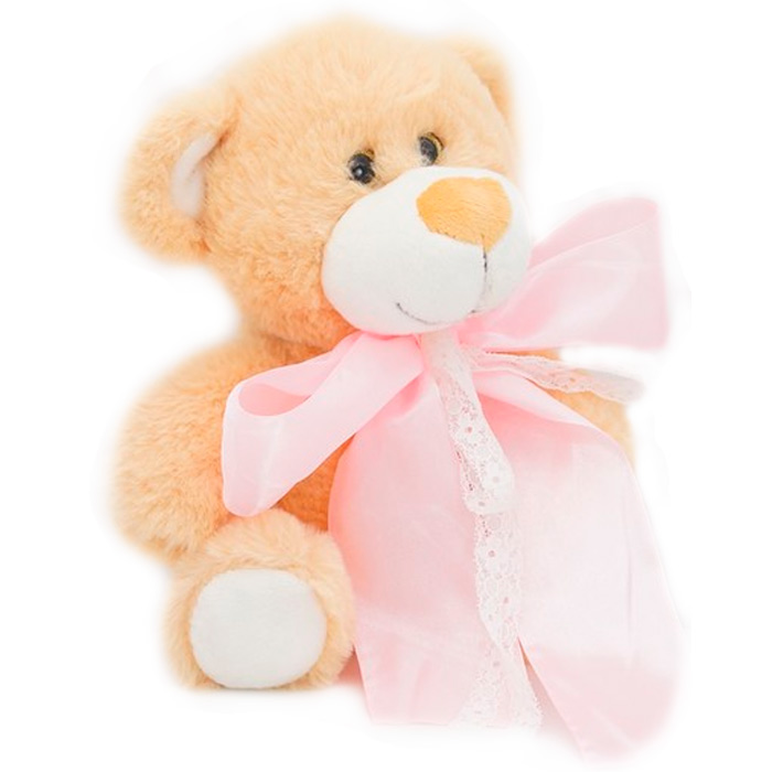 Медвежонок Сильвестр золотой с розовым атласным бантом, 20/25 см с шариками для мелкой моторики