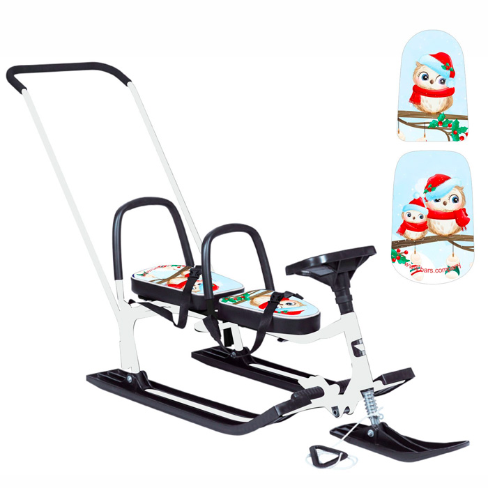 Снегокат 505 высокий SNOWKAT TWINS BABY PUSH для двоих, с 2 склад спинк. П-обр толкат. Совы карнавал